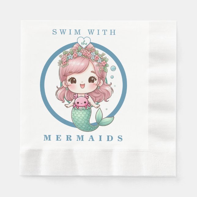 Pink Blue Coral Peach Adorable Mermaid Baby Shower Napkin (Front)