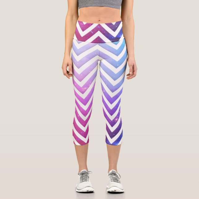 Pink & Blue Cosmic Chevron Galaxy Pattern Capri Leggings (Front)