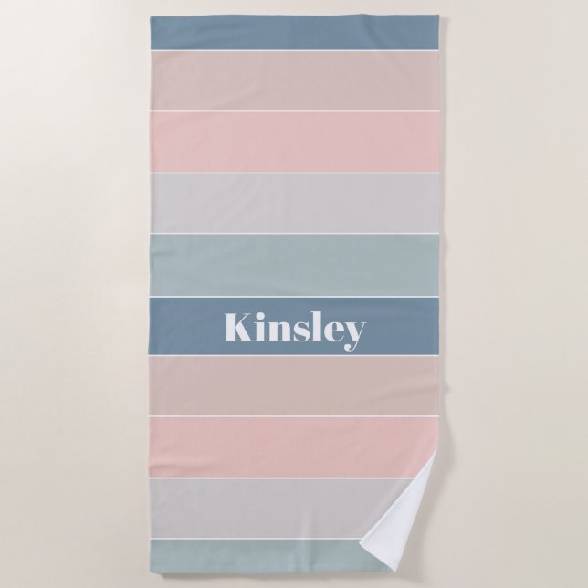 Pink Blue Custom Summer Colour Block Stripes Beach Towel (Front)