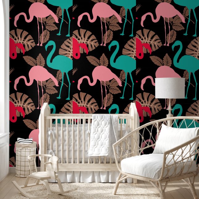 Pink Blue Cute Flamingo Tropical Plants Wallpaper (Kids)