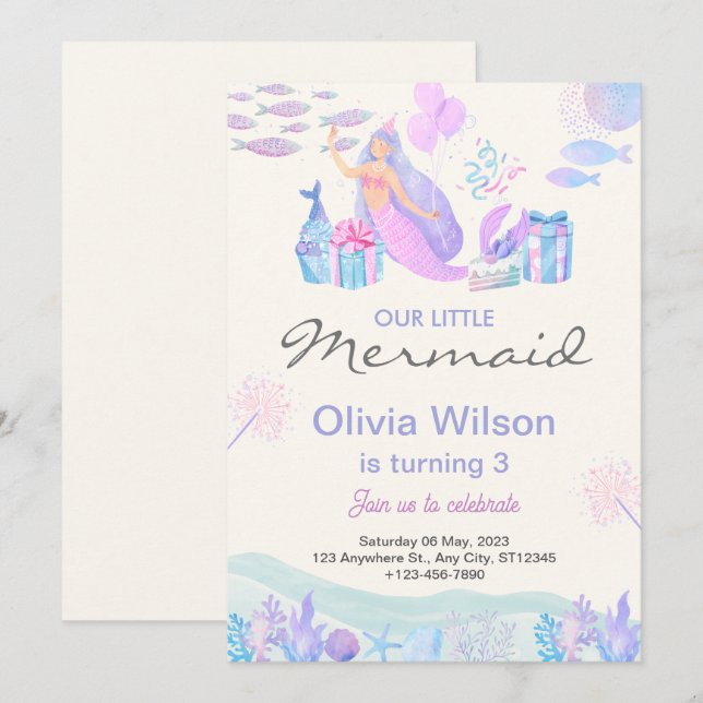Pink Blue Cute Mermaid Under The Sea Baby Shower Invitation (Front/Back)
