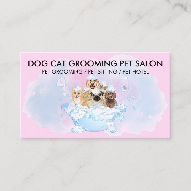 Pink Blue Cute Pet Groomer Cat Dog Business Card (Front)