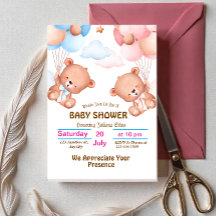 Pink Blue Cute Watercolor Baby Shower Invitation 