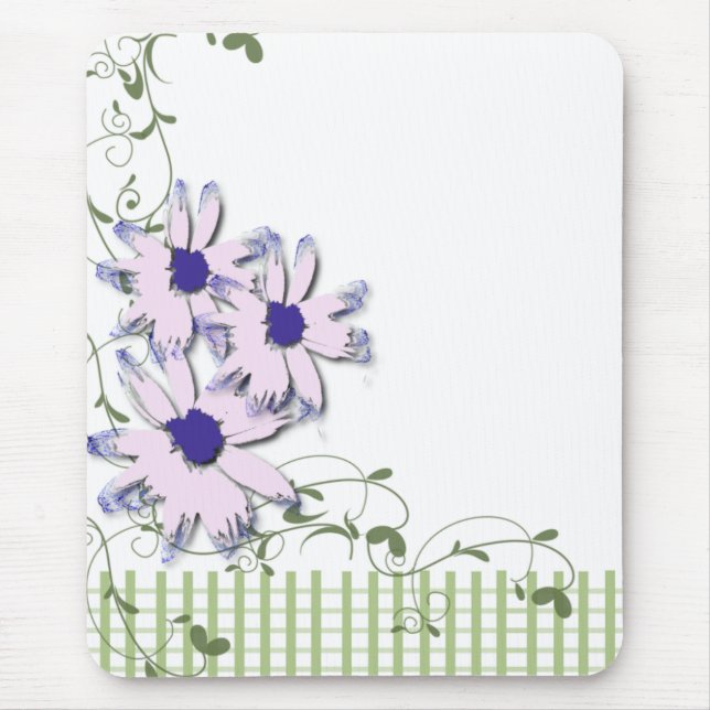 Pink Blue Daisy Flowers Green Gingham Mouse Pad (Front)
