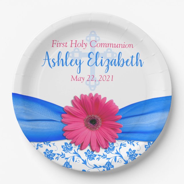 Pink Blue Damask Daisy First Communion Paper Plate (Front)