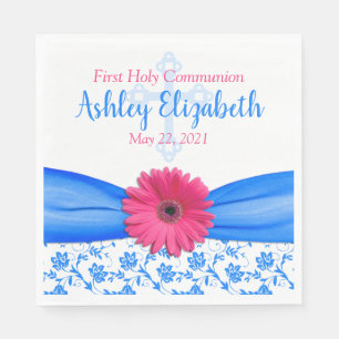 Pink Blue Damask Daisy First Communion Paper Plate Napkin