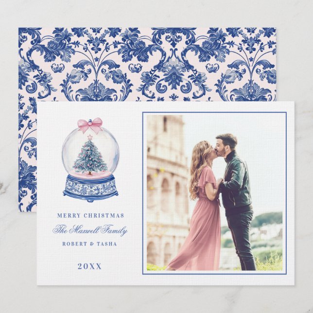 Pink & Blue Damask Snow Globe W/ Photo Invitation (Front/Back)