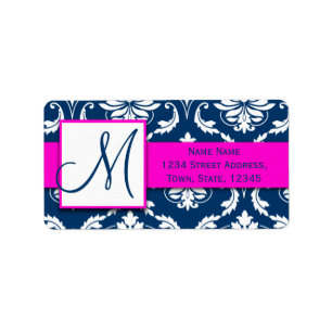 Pink Blue Damask Wedding RSVP Return Address Label