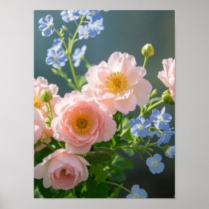 Pink Blue delicate flowers Poster
