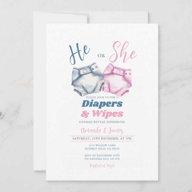 Pink Blue Diapers and Wipes Gender Reveal Gingham Invitation (Front)