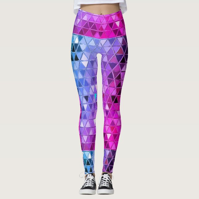 Pink Blue Disco Ball Jester Robot triangle pattern Leggings (Front)