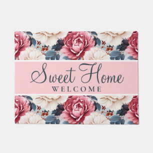Pink Blue Elegant floral Pattern Blush Doormat