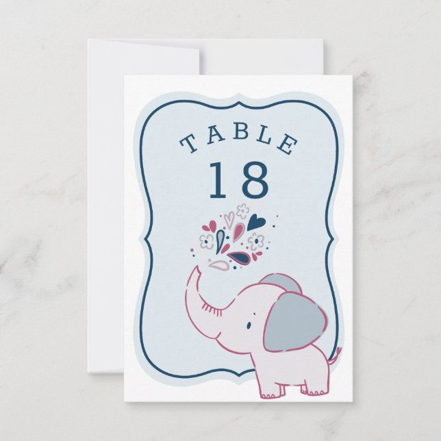 Pink & Blue Elephant Baby Shower Table Number Card (Front)