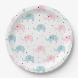 Pink Blue Elephants Baby Girl Boy Baby Shower Paper Plate