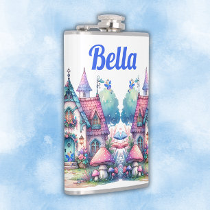 Pink & Blue Fairy Cottage Core Monogram on White Hip Flask