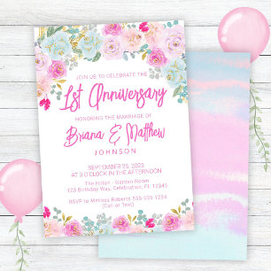 Pink Blue Floral 1st Wedding Anniversary  Invitation