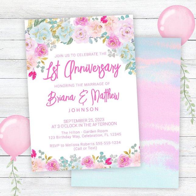 Pink Blue Floral 1st Wedding Anniversary  Invitation (Creator Uploaded)
