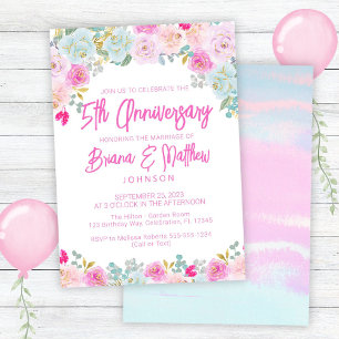 Pink Blue Floral 5th Wedding Anniversary  Invitation