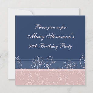Pink Blue Floral 90th Birthday Party Invitations