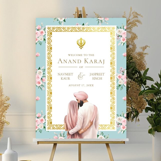 Pink Blue Floral Anand Karaj Wedding Welcome Sign (Creator Uploaded)