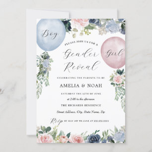 Pink Blue Floral Balloon Gender Reveal  Invitation