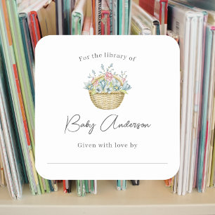 Pink Blue Floral Basket Baby shower bookplate  Square Sticker