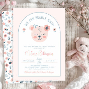 Pink Blue Floral Bear Girl Bearly Wait Baby Shower Invitation