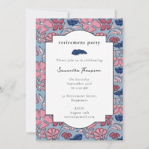 Pink Blue Floral Block Print Retirement Party Invitation