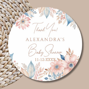 Pink Blue Floral Boho Chic Baby Shower Thank You Classic Round Sticker