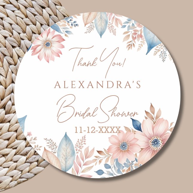 Pink Blue Floral Boho Chic Bridal Shower Thank You Classic Round Sticker (Creator Uploaded)