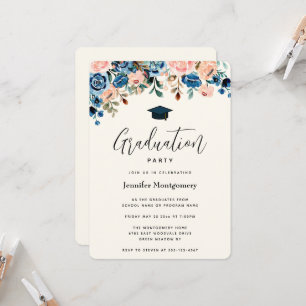 Pink & Blue Floral Border with Graduation Cap Invitation