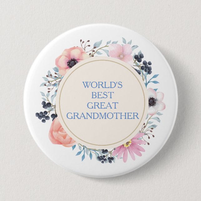 Pink Blue Floral Bouquet Best Great Grandmother 7.5 Cm Round Badge (Front)