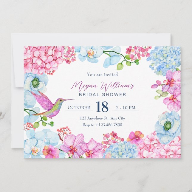 Pink blue floral branch with bird bridal shower invitation (Front)