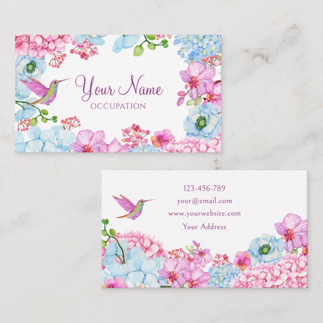 Pink blue floral branch with bird  business card (Front/Back)