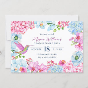 Pink blue floral branch with bird graduation invitation