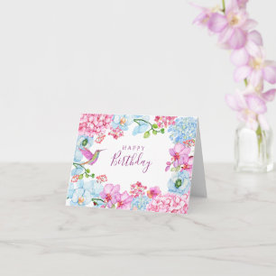 Pink blue floral branch with bird happy birthday card