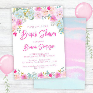 Pink Blue Floral Bridal Shower  Invitation