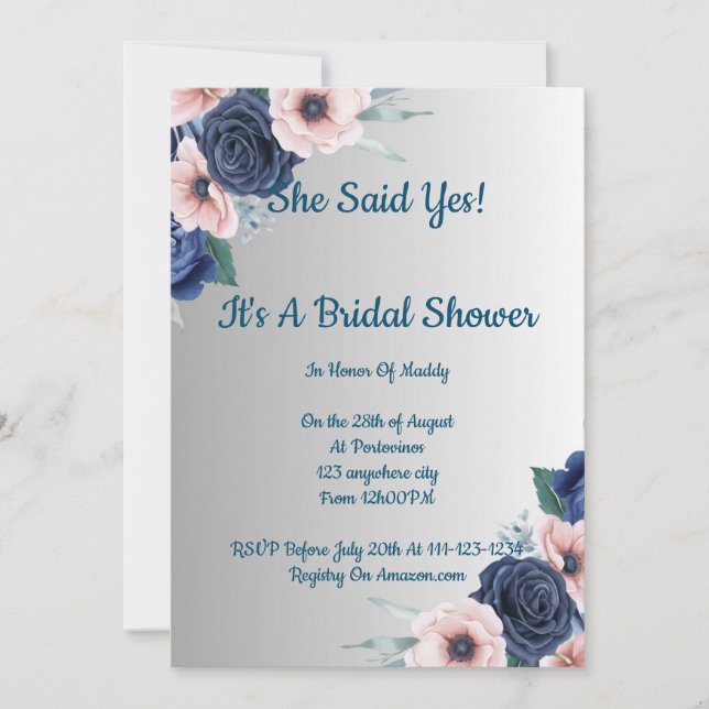 Pink Blue Floral Bridal Shower invitation  (Front)
