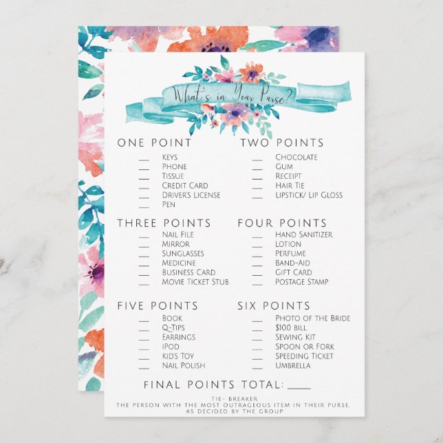 Pink Blue Floral Bridal Shower Purse Game Invitation (Front/Back)