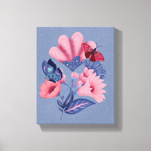 Pink Blue Floral Butterflies Folk Art Canvas Print