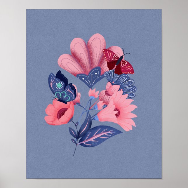 Pink Blue Floral Butterflies Folk Art Poster (Front)
