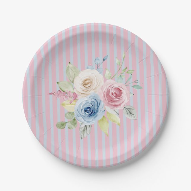 Pink Blue Floral coquette  Paper Plate (Front)
