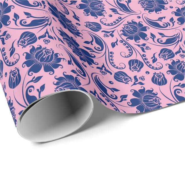 Pink & Blue Floral Damasks Pattern Wrapping Paper (Roll Corner)