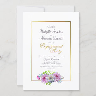 Pink Blue Floral Gold Border Engagement Party Invitation