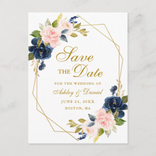 Pink Blue Floral Gold Frame Save the Date Postcard