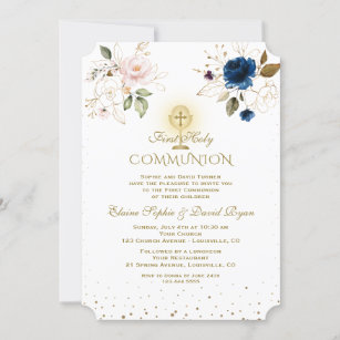 Pink Blue Floral Gold Twins First Holy Communion Invitation