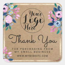 Pink Blue Floral Gold Watercolor Kraft Thank You