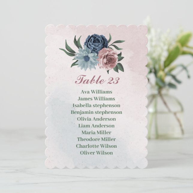  pink blue floral greenery seating chart card (Standing Front)