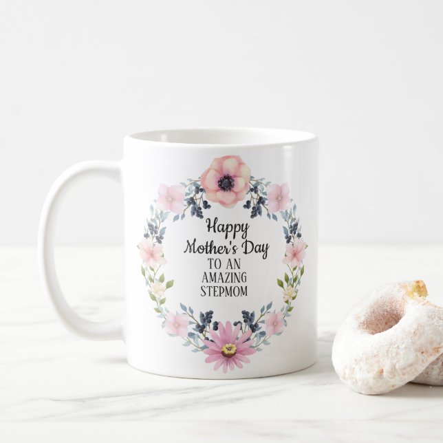 Pink Blue Floral Happy Mother's Day-Stepmother Coffee Mug (With Donut)