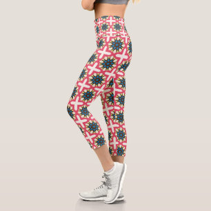 Pink Blue Floral Lattice Geometric Pattern Capri Leggings